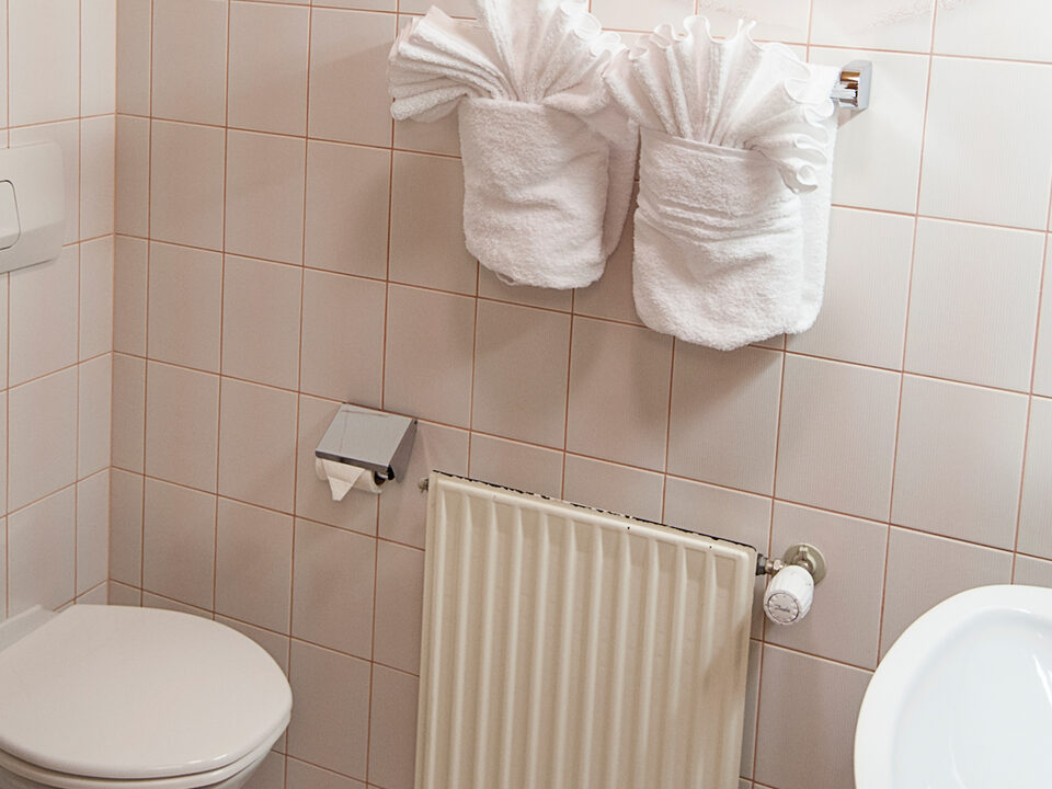 Badkamer met handdoeken, toilet en wastafel